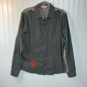 Vintage ID Wear Striped Shirt Mens XLarge Black Red Stripped Embroidered Cross
